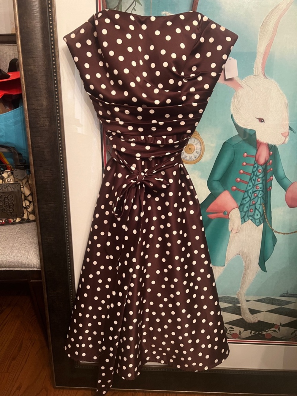 Mori Lee Brown and White Polka Dot Midi Dress
